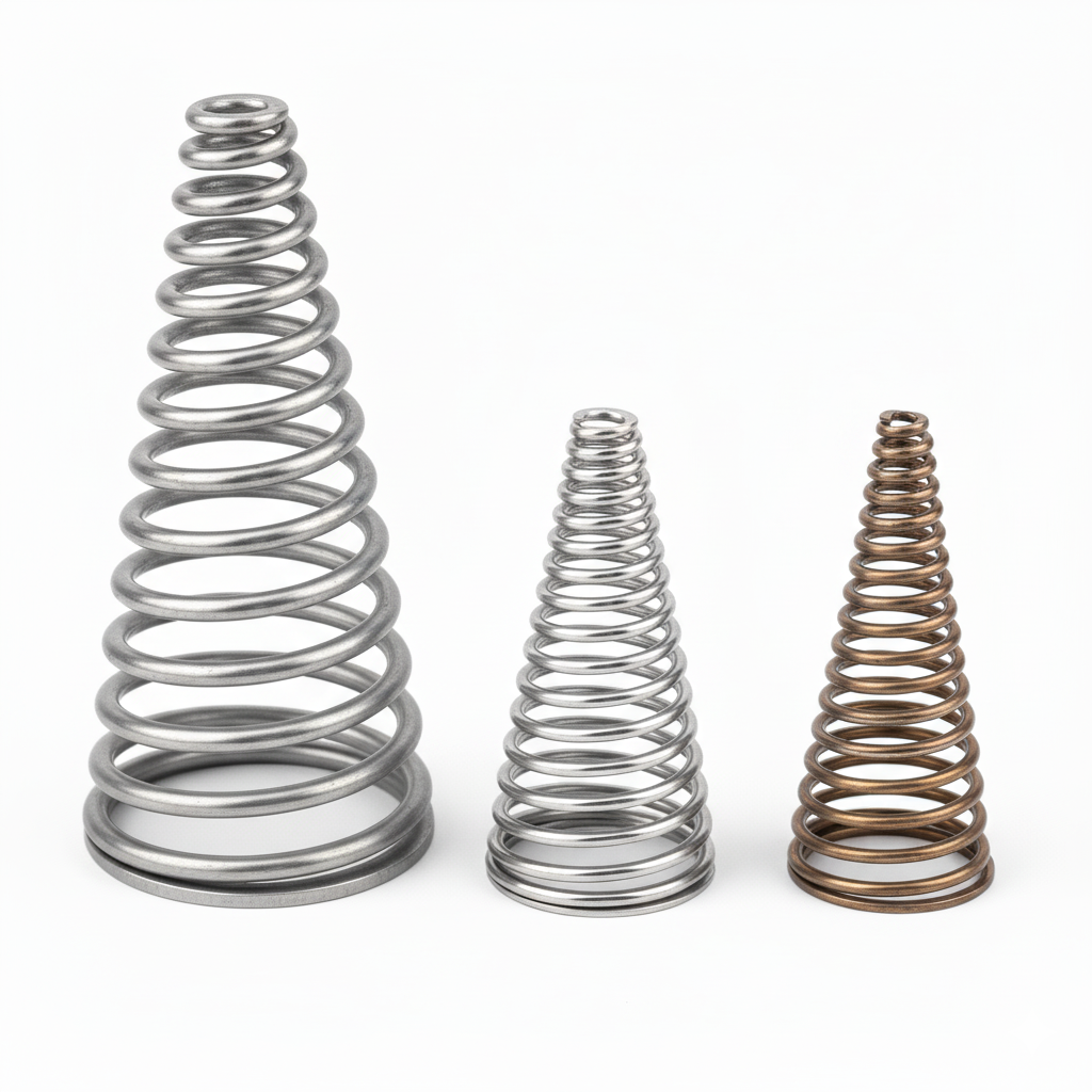 Custom-manufactured conical SS springs available in various wire diameters and taper angles.