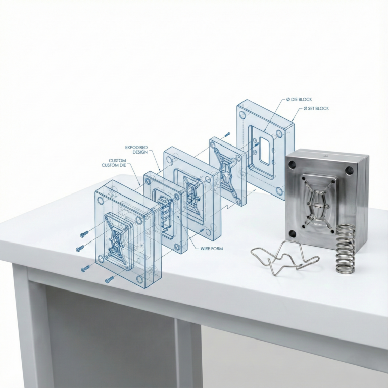 Custom die design and precision tooling for complex spring manufacturing and multi-stage wire forming.